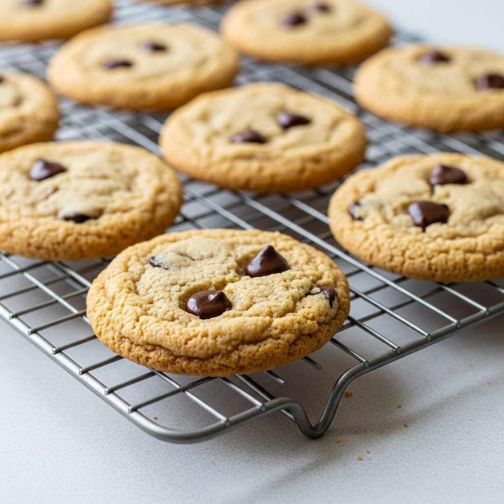 Freshly baked vegan chocolate chip cookies cooling on a wire rack, golden brown and perfectly fluffy.
