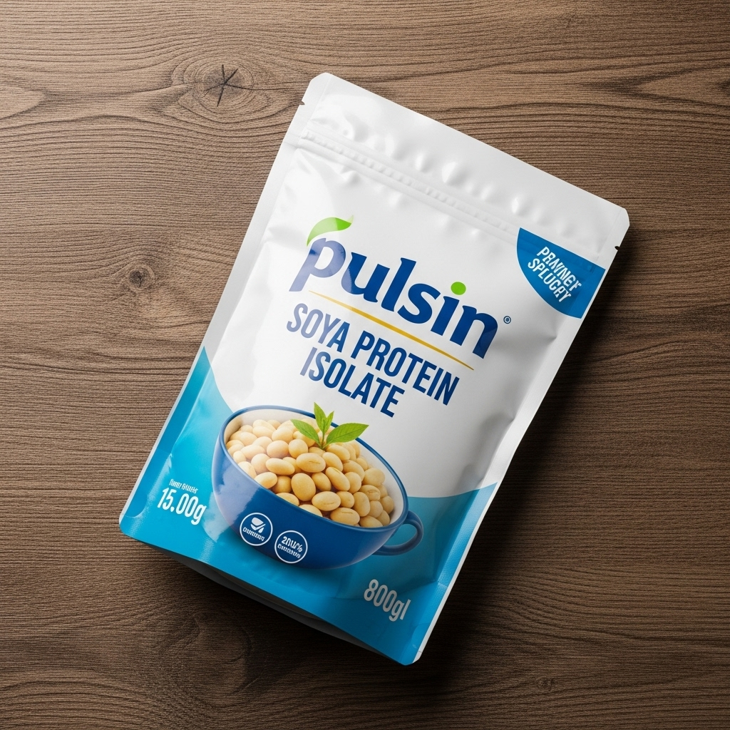 A bag of Pulsin Soya Protein Isolate resting on a textured wooden surface, ready for use.