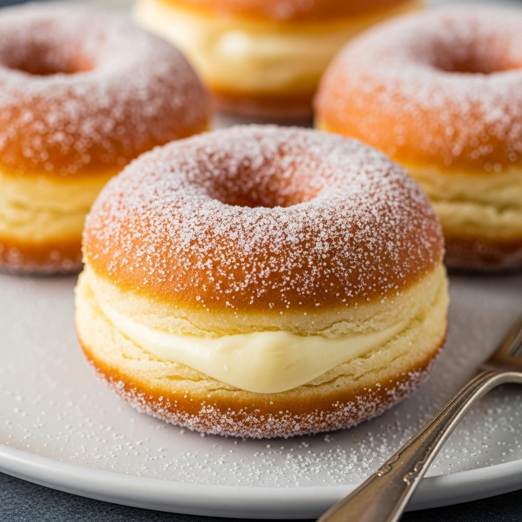 Accidentally Vegan Custard Donuts - A close-up shot of a fluffy, sugar-dusted custard donut with a creamy filling peeking out.