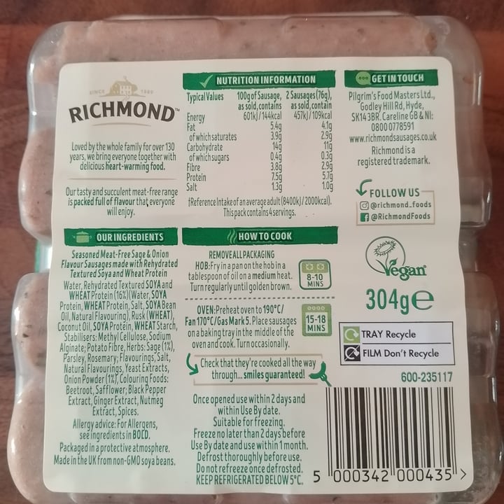 photo of Richmond 8 meat-free sage & onion sausages shared by @lucylou77 on  13 Apr 2024 - review