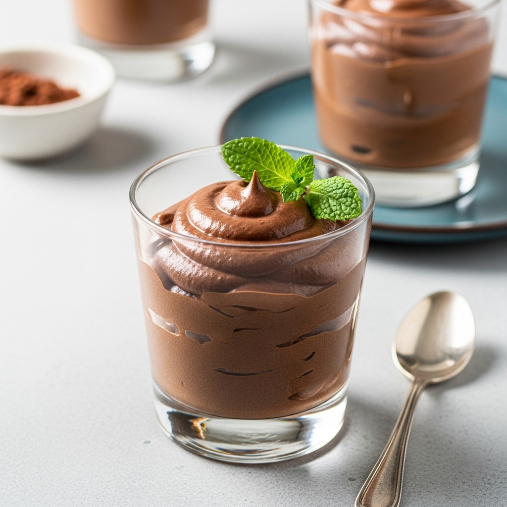 A rich vegan chocolate mousse served in a glass, demonstrating a luxurious, protein-enhanced dessert option.