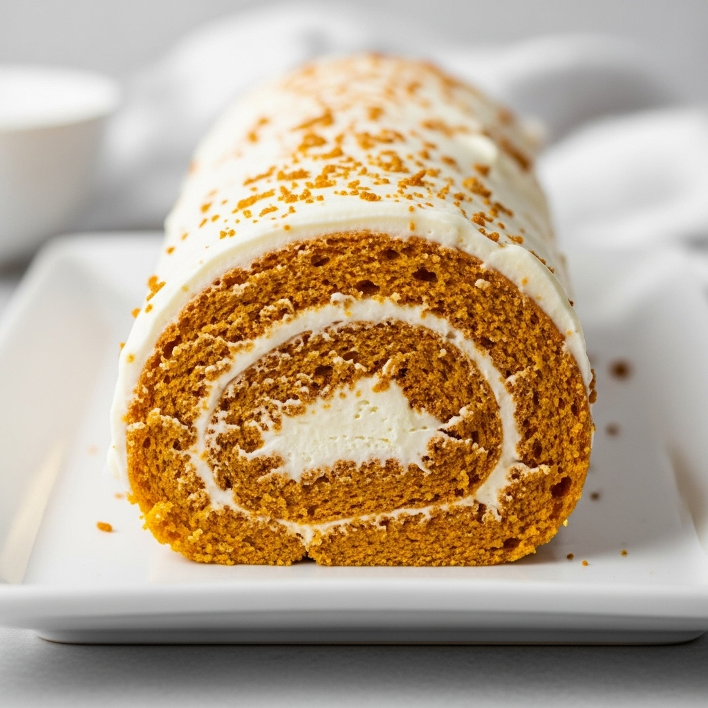 A close-up of a perfectly rolled vegan pumpkin roll, showcasing the spiral of cake and frosting.