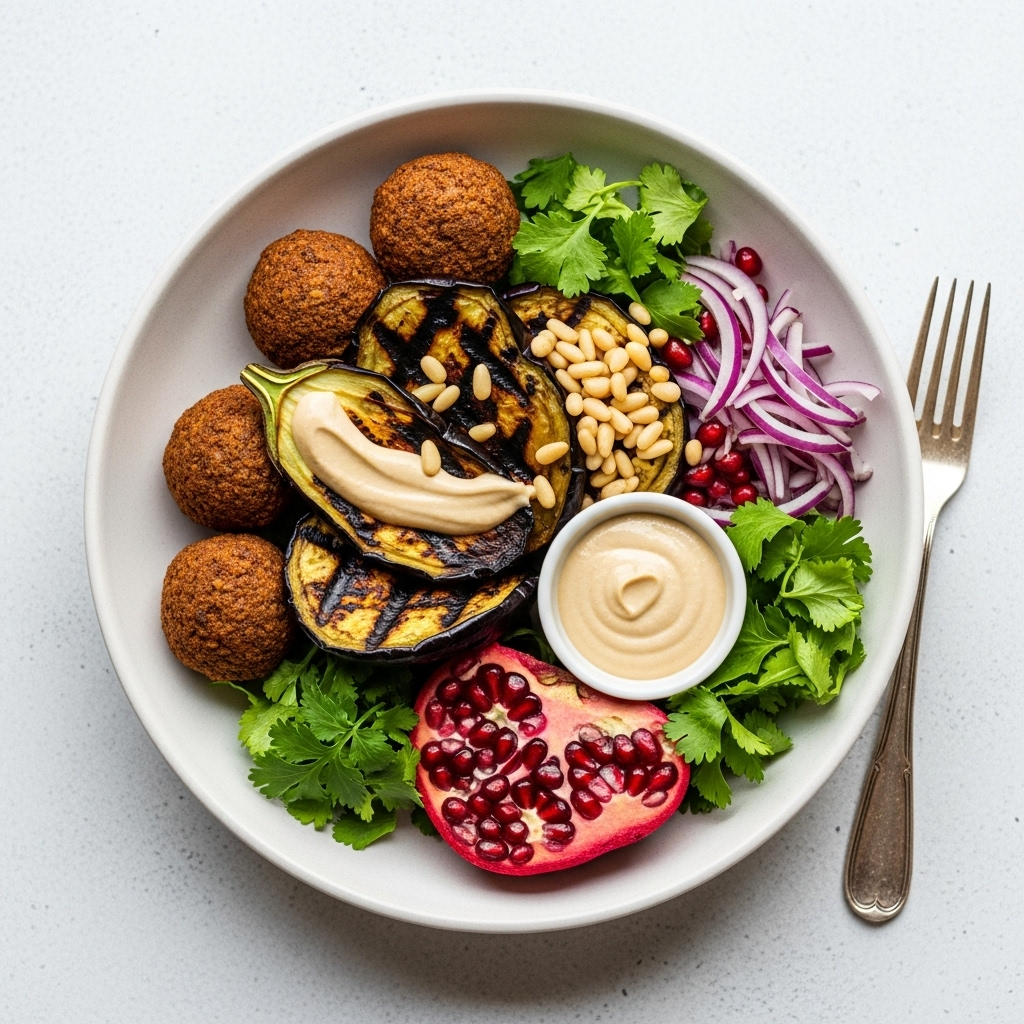 Vegan Falafel Bowl with Charred Eggplant, Tahini, Pine Nuts, and Pomegranate, artfully arranged on a light background, showcasing the vibrant colors and textures of the fresh ingredients.