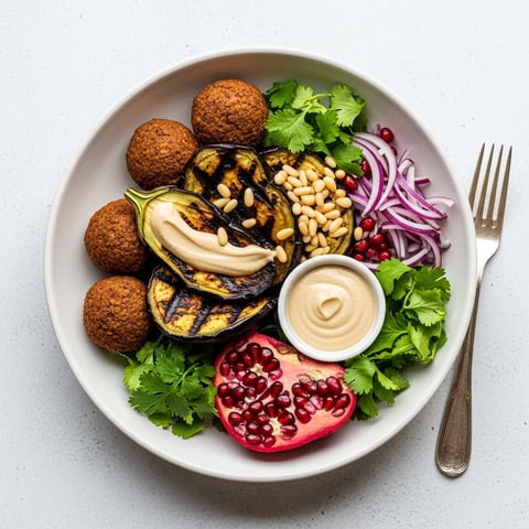 Ultimate Homemade Vegan Falafel Bowl: Charred Eggplant, Tahini, Pine Nuts & Pomegranate