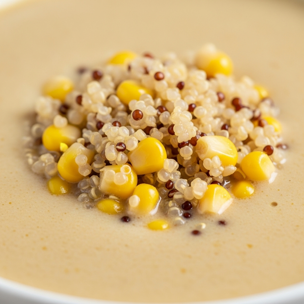 Close-up shot of the rich, creamy texture of the vegan sweet corn and quinoa soup, highlighting the corn kernels and quinoa grains.