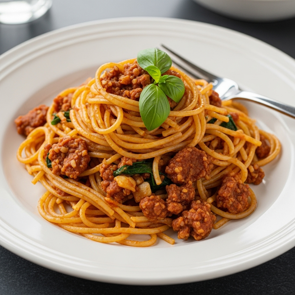 Finished vegan spaghetti dish, beautifully plated and ready to serve