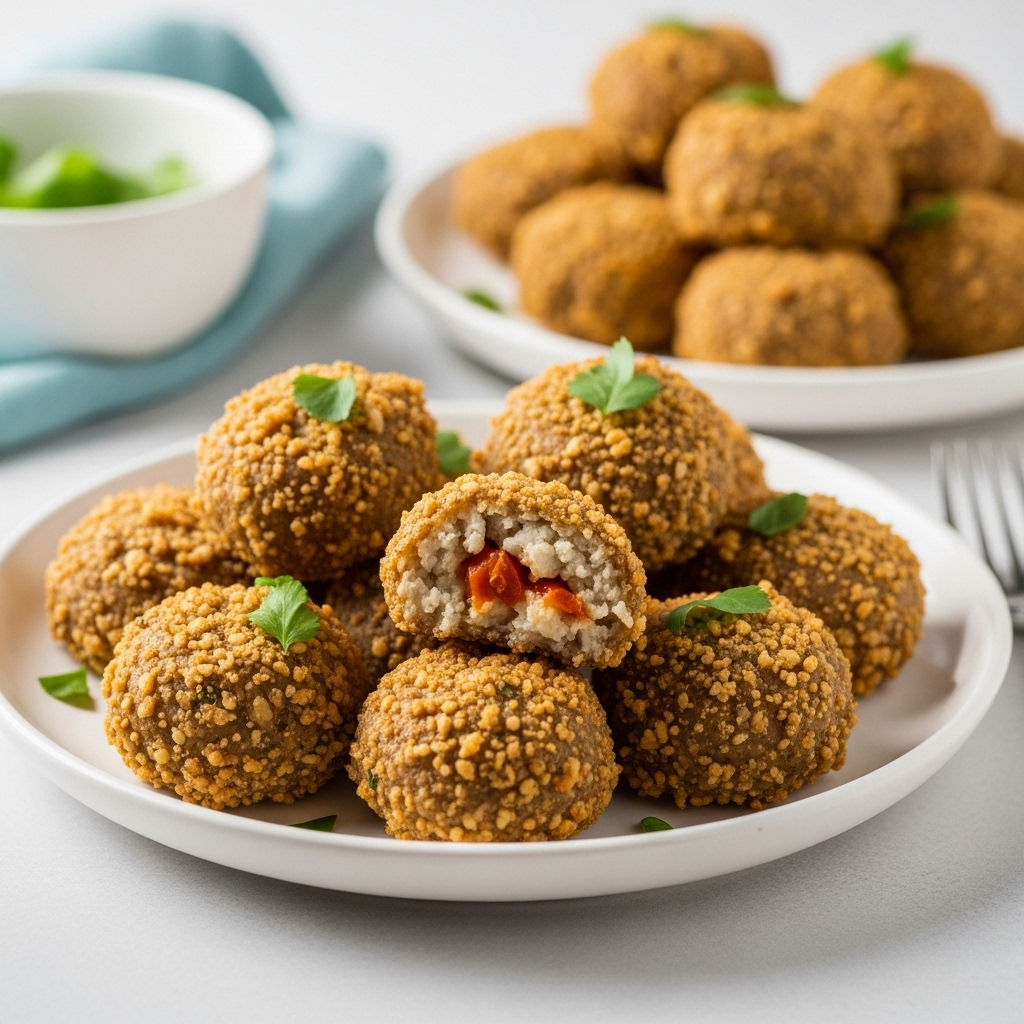Another angle of Squeaky Bean Vegan Chicken Style Poppers plated, highlighting their snack appeal.