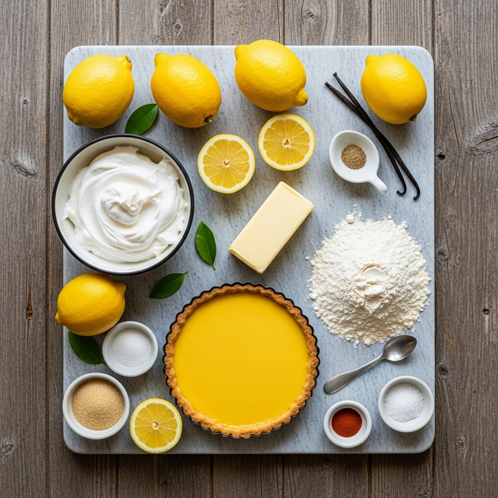 Visually appealing layout of all vegan lemon tart ingredients, including lemons, coconut cream, vegan butter, and flour.