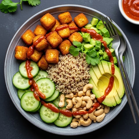 Easy Crispy Tofu Quinoa Power Bowl with Spicy Chili Sauce (Vegan & Gluten-Free)