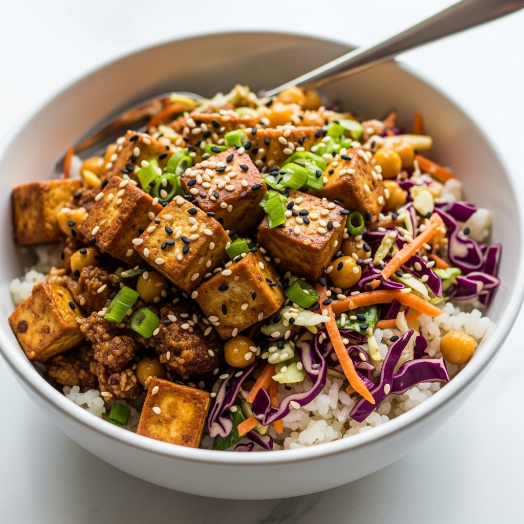 Close-up of High-Protein Vegan Sesame Tofu Bowl with Chickpea Rice and Slaw