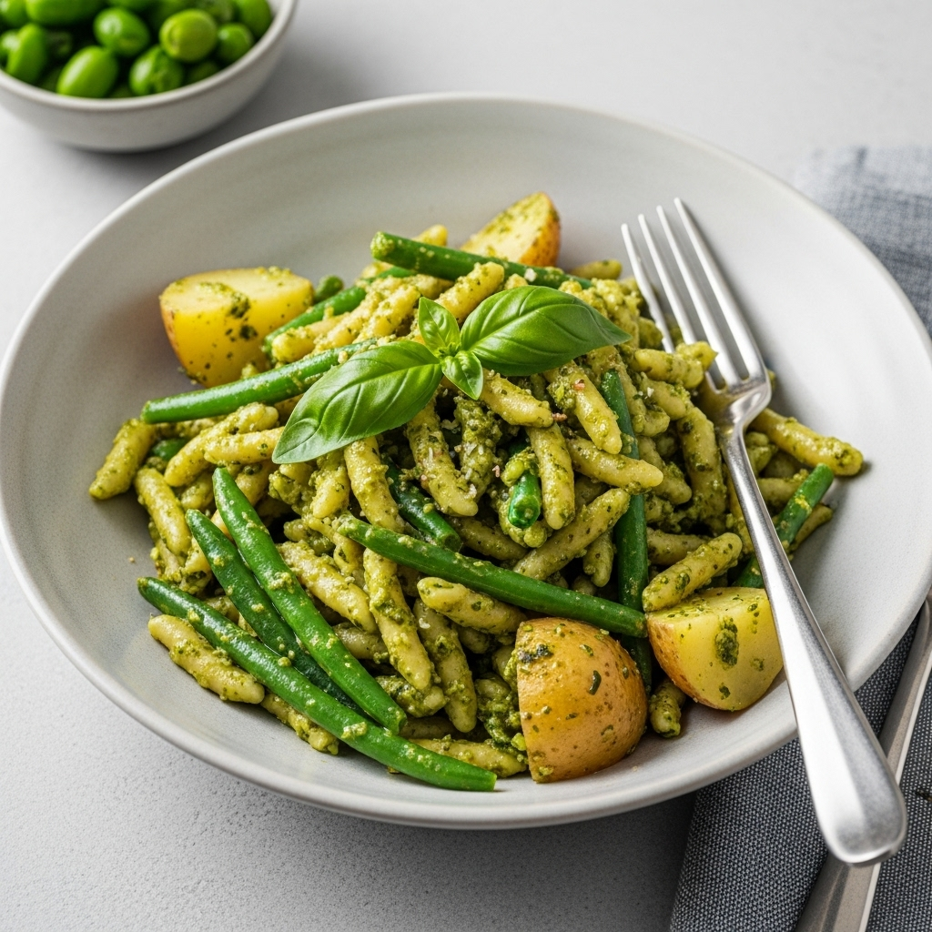 A vibrant bowl of Trofie pasta with green pesto, green beans, and potatoes, ready to be served.