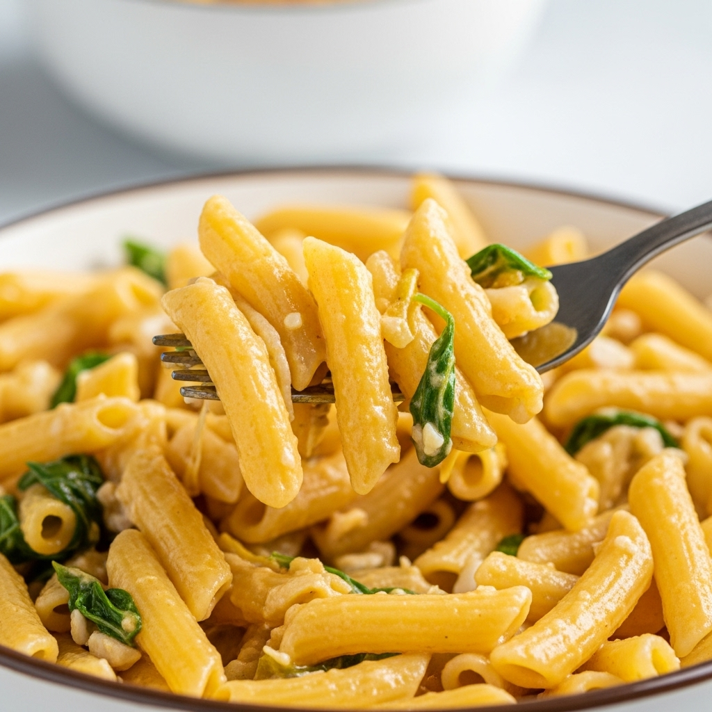 Close-up of the delicious vegan cheesy pasta with a fork