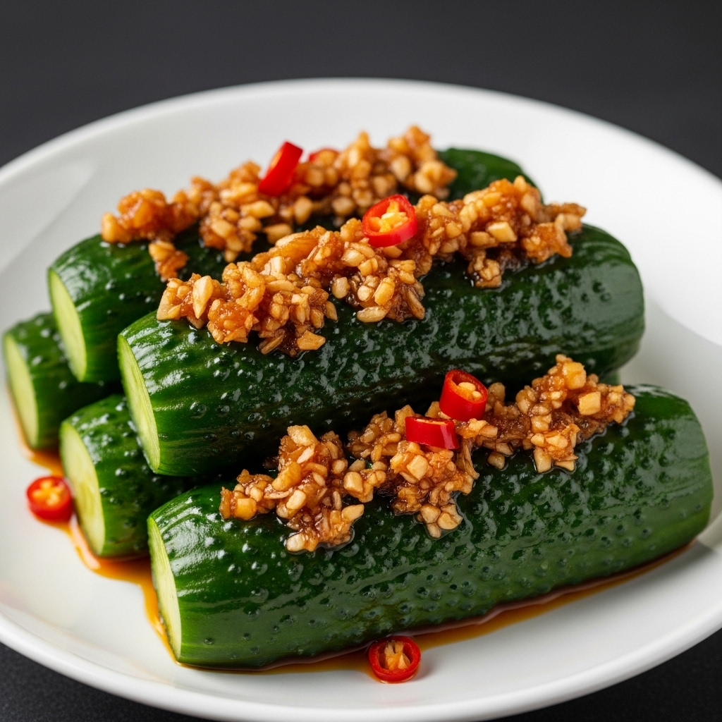 Spicy Garlic Chili Oil Cucumbers close-up, highlighting the texture and topping.