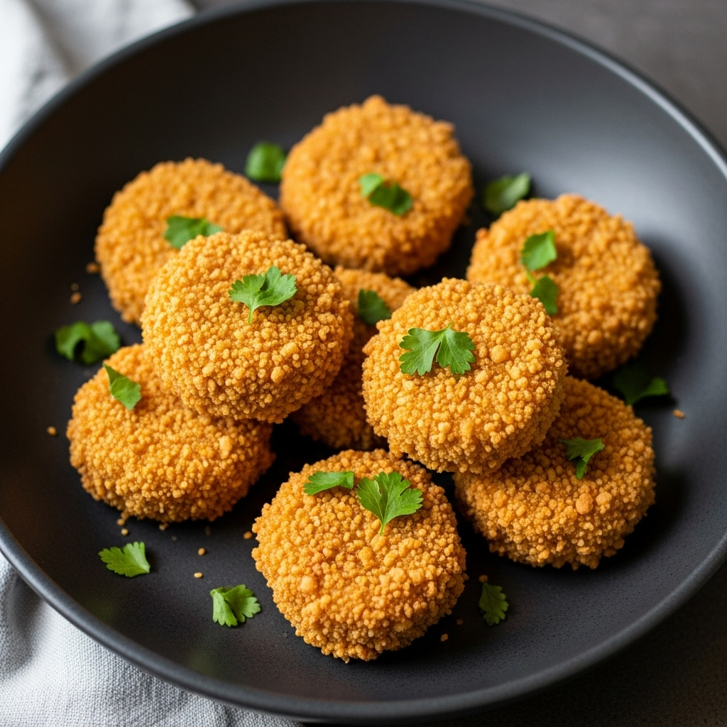 Cooked Squeaky Bean Vegan Chicken Style Poppers, golden and crispy, fresh from the air fryer.