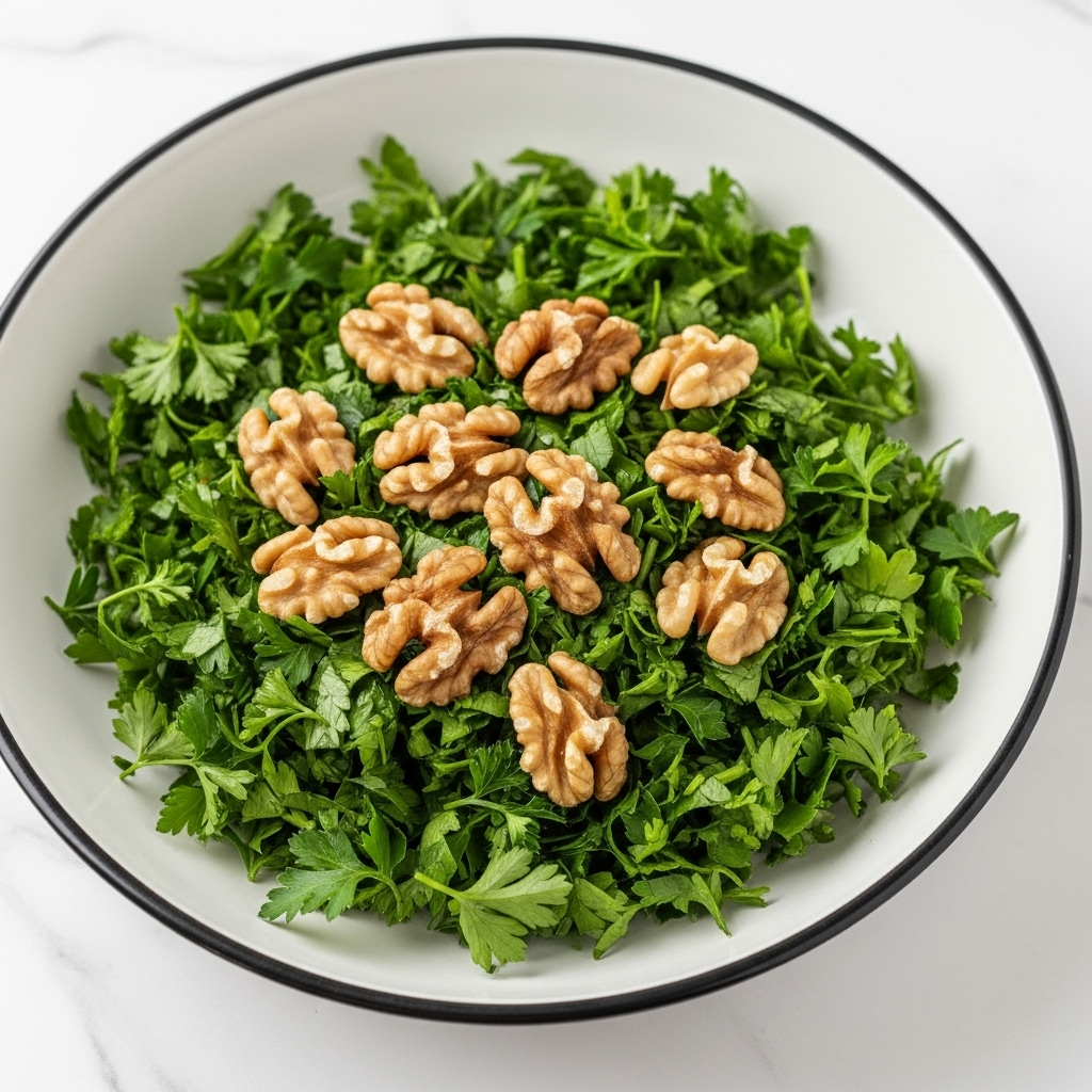 A vibrant mixture of fresh parsley, walnuts, and garlic, ready to be transformed into a delicious sauce.