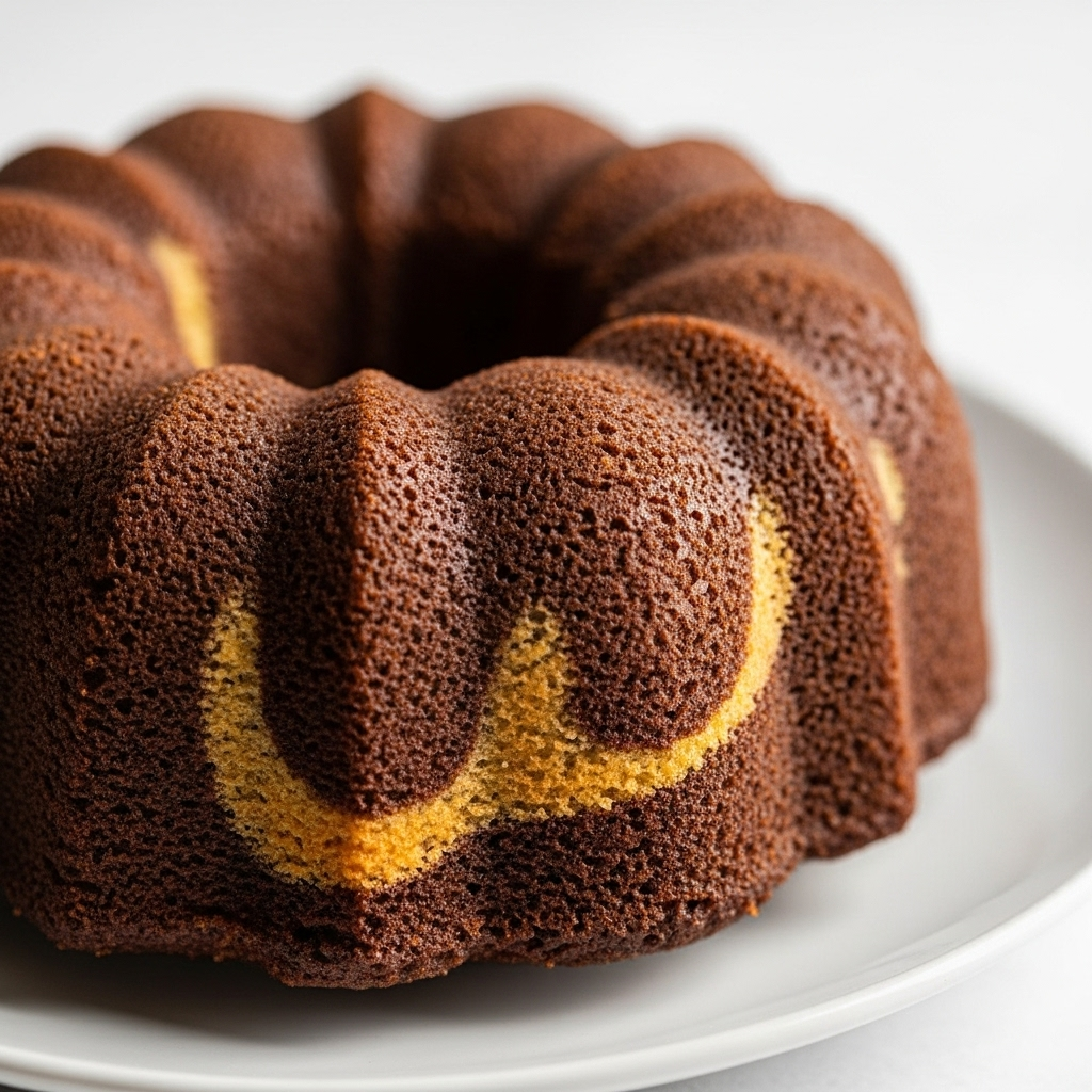 A close-up shot showcasing the moist texture and beautiful contrast of the vegan marble bundt cake.