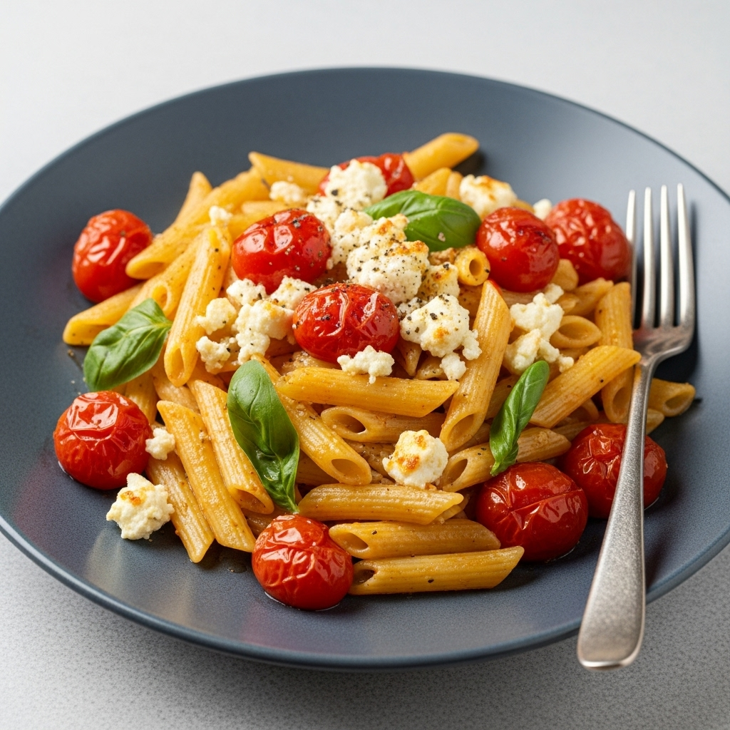 Perfectly baked vegan feta pasta with roasted cherry tomatoes and fresh herbs.