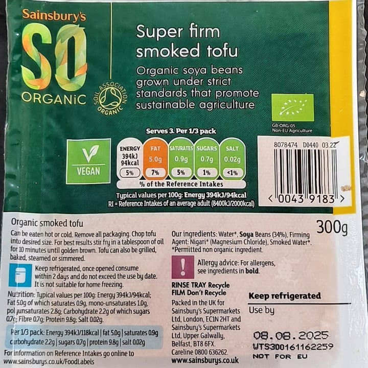 photo of Sainsbury's so organic Super firm smoked tofu shared by @outgrowing8carnism on  06 Sep 2025 - review