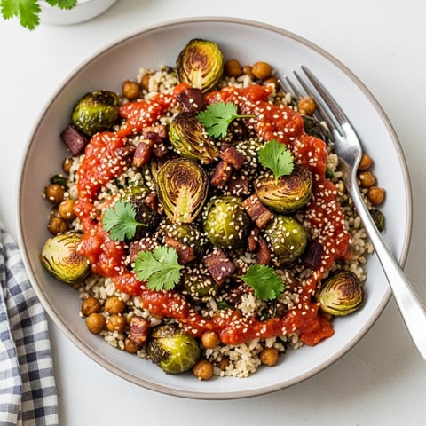 Quick & Easy Vegan Chickpea Rice Bowl with Crispy Brussels Sprouts & Smoky Bacon Bits