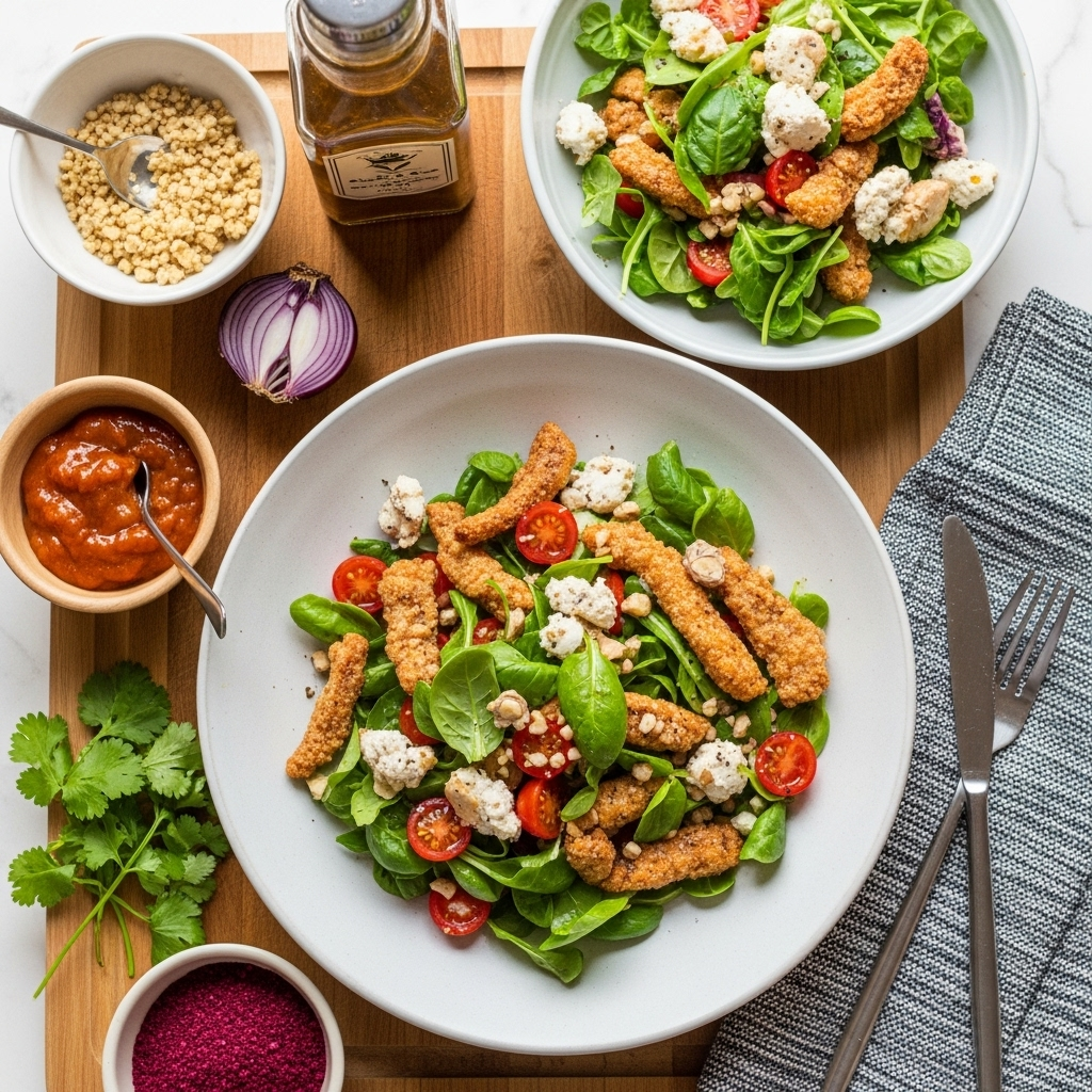 Ingredients for Crispy Fried Vegan Goat Cheese Salad laid out on a wooden board.
