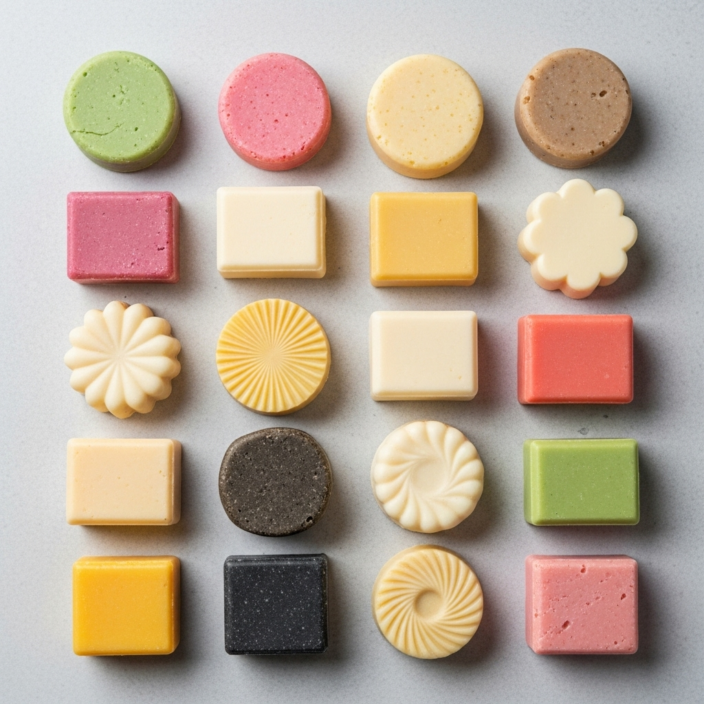 An assortment of colorful, natural shampoo bars from Friendly Soap, showcasing their various shapes and shades, neatly arranged on a light background.