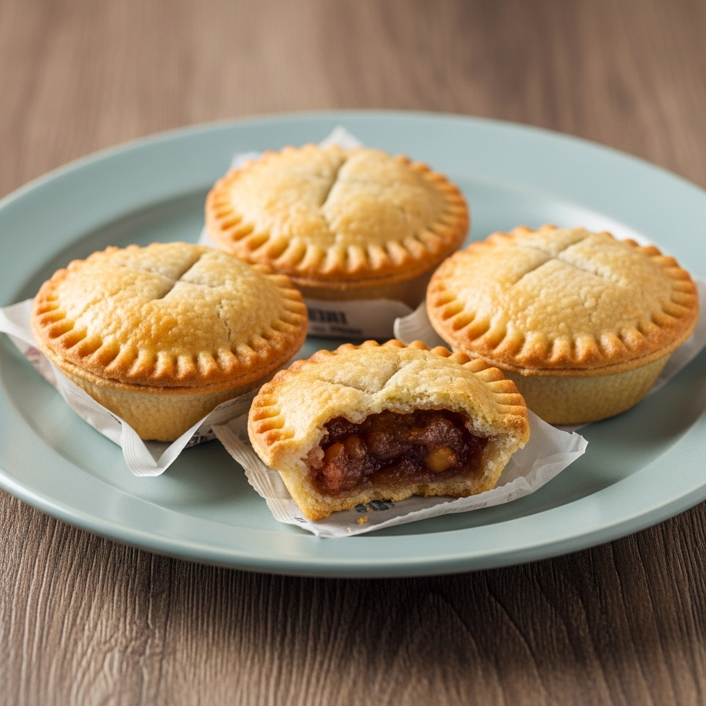Four golden mince pies neatly arranged in their packaging, hinting at their affordability and convenience.
