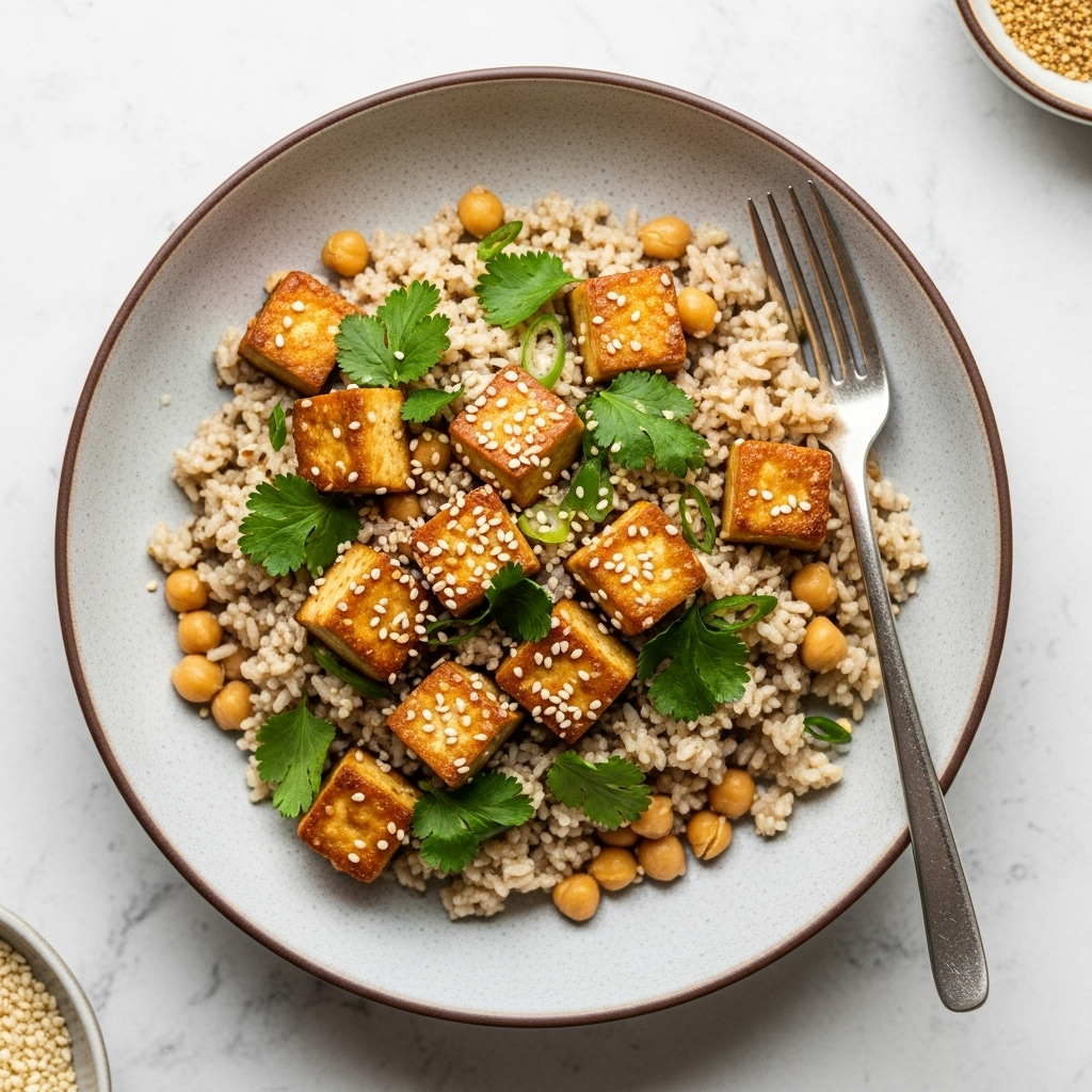 Crispy Sesame Tofu and Creamy Chickpea Rice Bowl