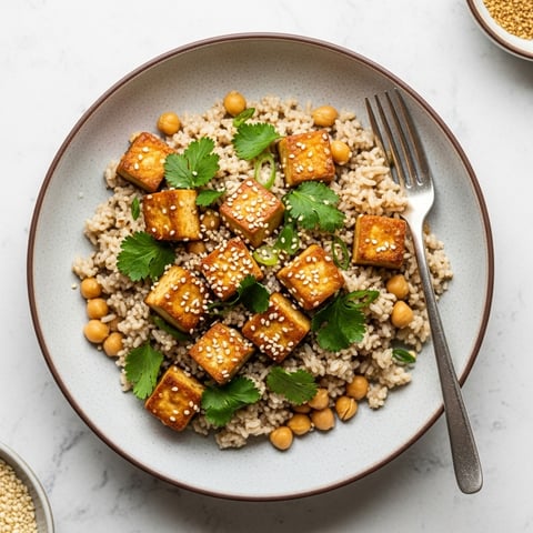 Quick & Easy High-Protein Vegan Sesame Tofu Bowl with Chickpea Rice