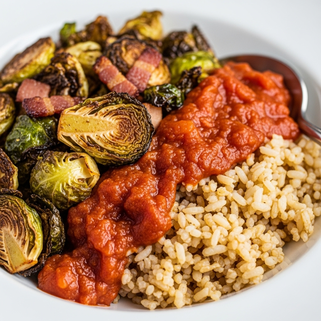 Close-up of the delicious vegan chickpea rice bowl, highlighting the texture of the crispy Brussels sprouts and vegan bacon, alongside the rich tomato sauce.