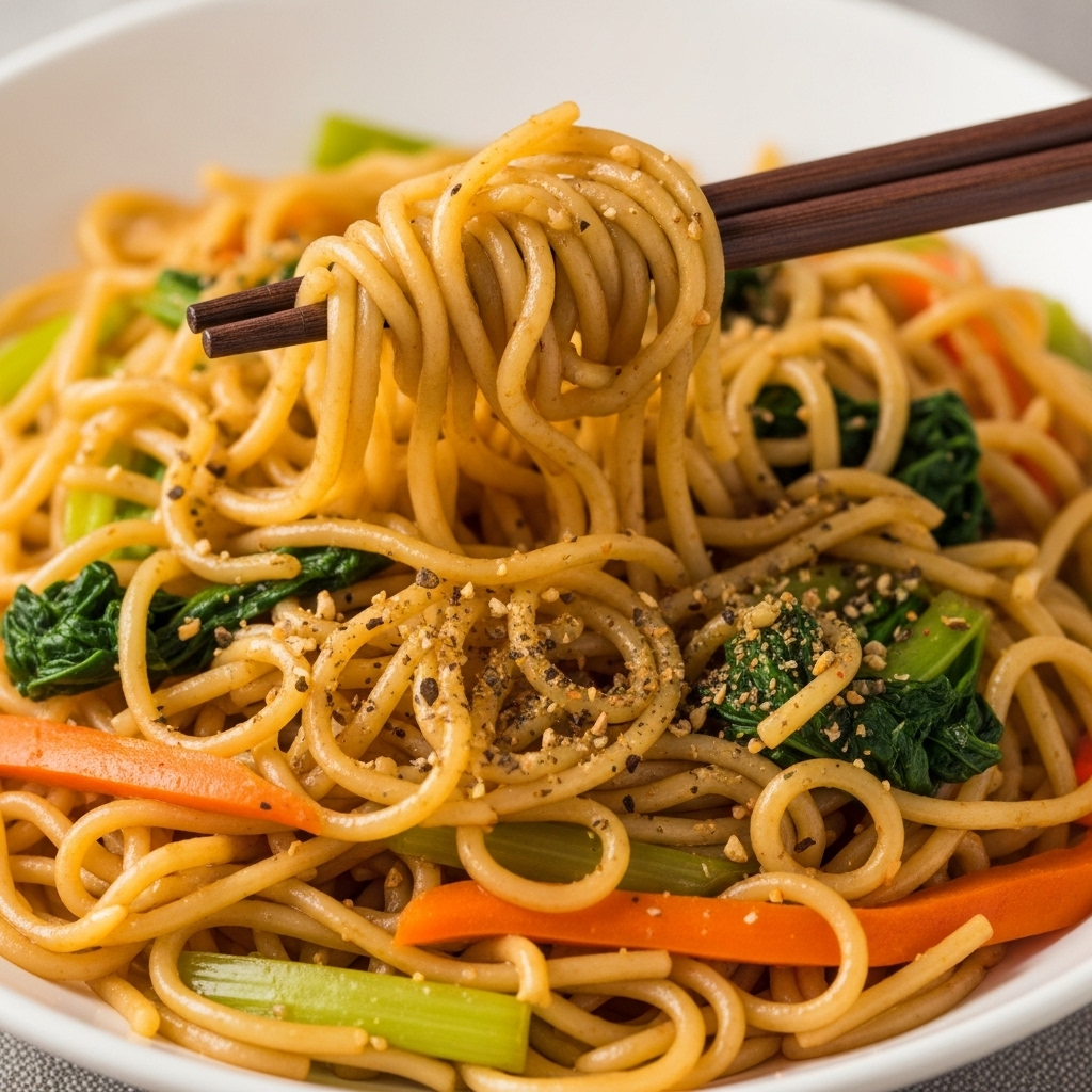 A close-up of the cooked noodles with seasoning and vegetables.