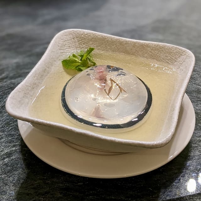 Photo of the dish “Japanese Kanten Jelly with Sakura Blossoms in Plum Vinegar”