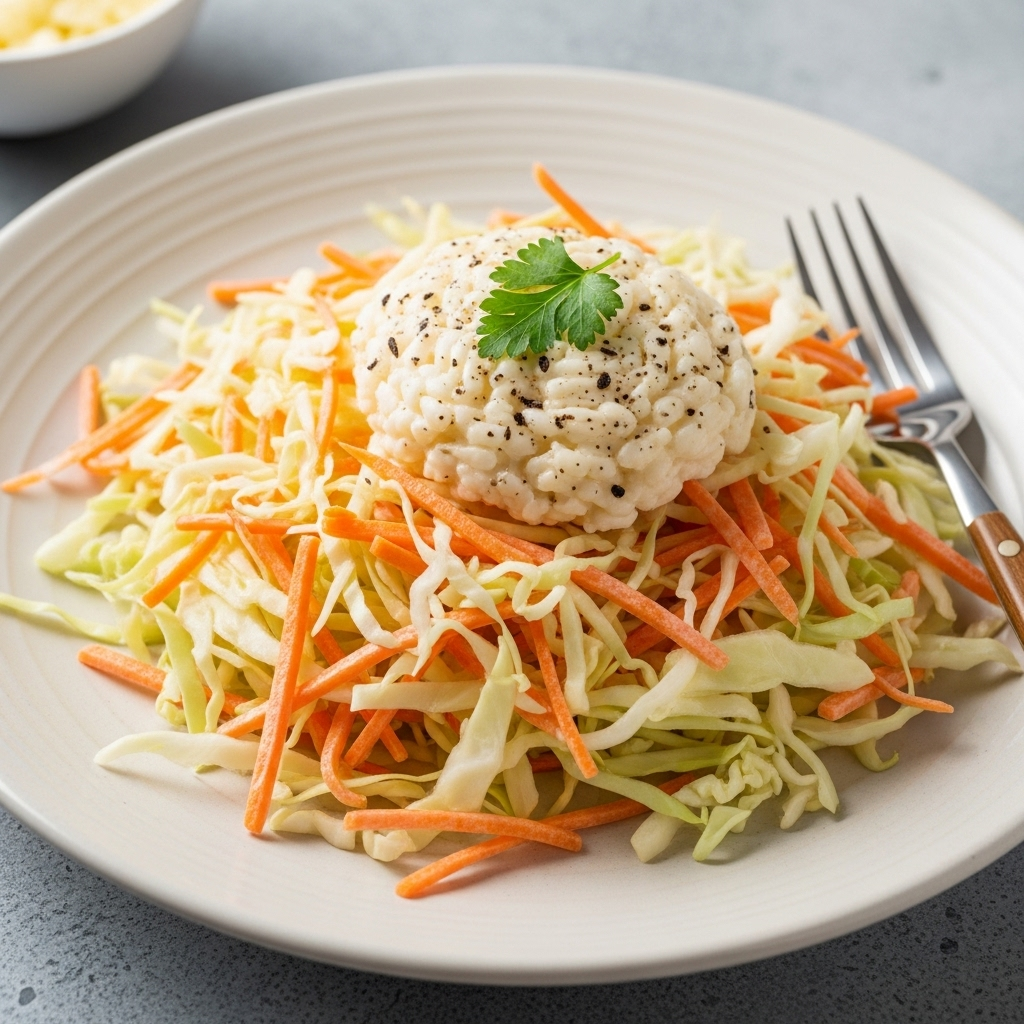 Vegan mayonnaise used in a fresh coleslaw with carrots and cabbage