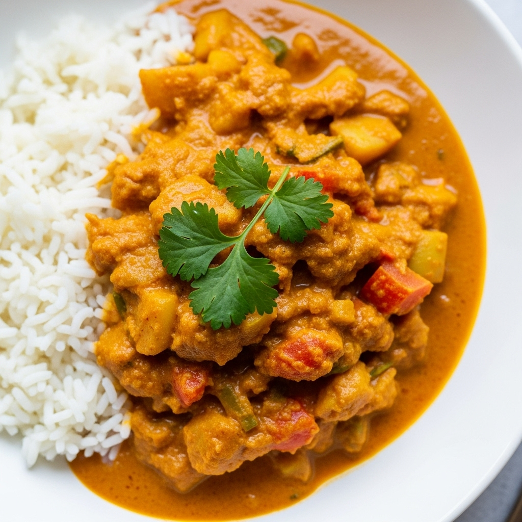 A close-up shot of the finished creamy vegan coconut curry, showcasing its rich texture, vibrant colors, and a garnish of fresh herbs, served alongside fluffy white rice.