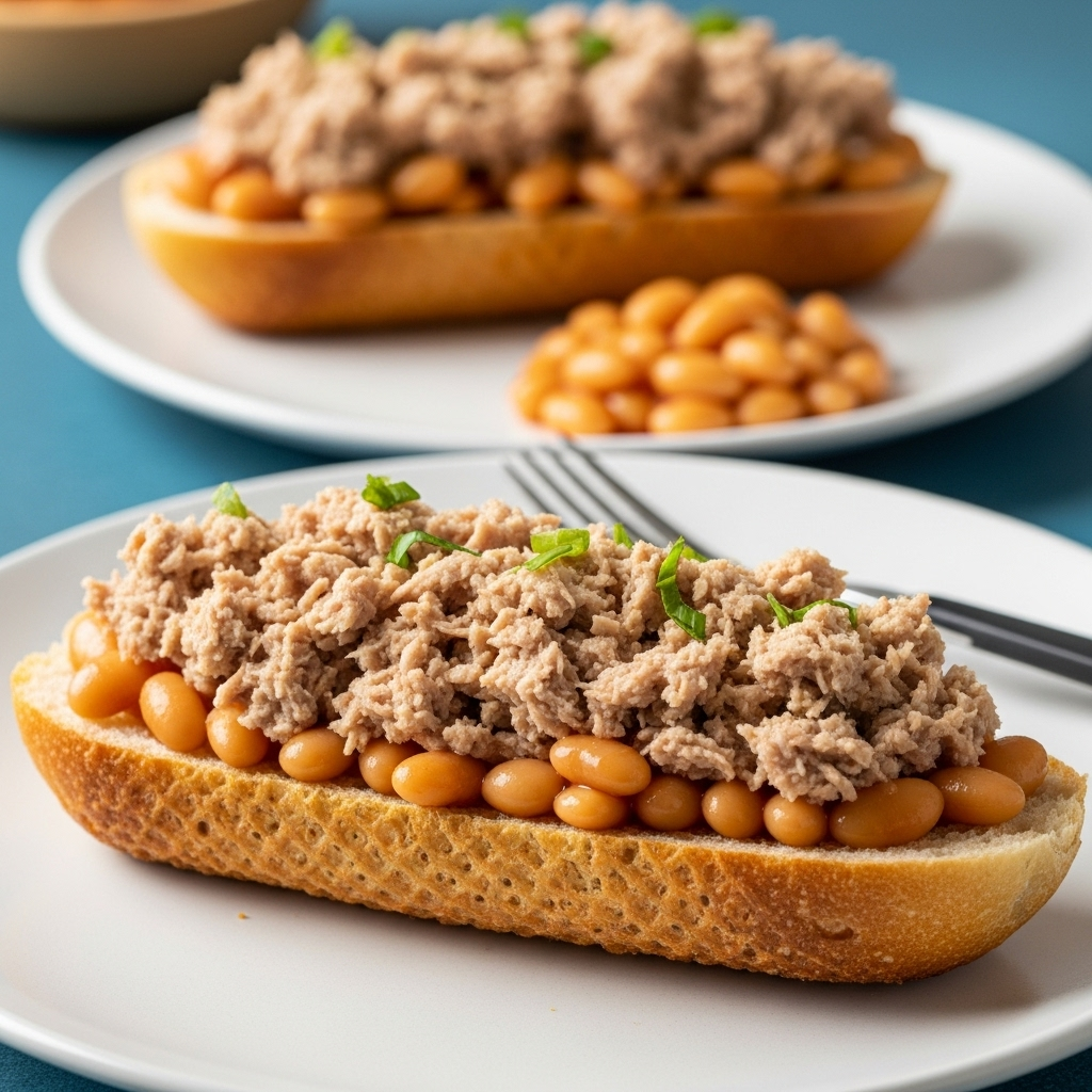 Close-up of vegan tuna alternative on French loaf with baked beans