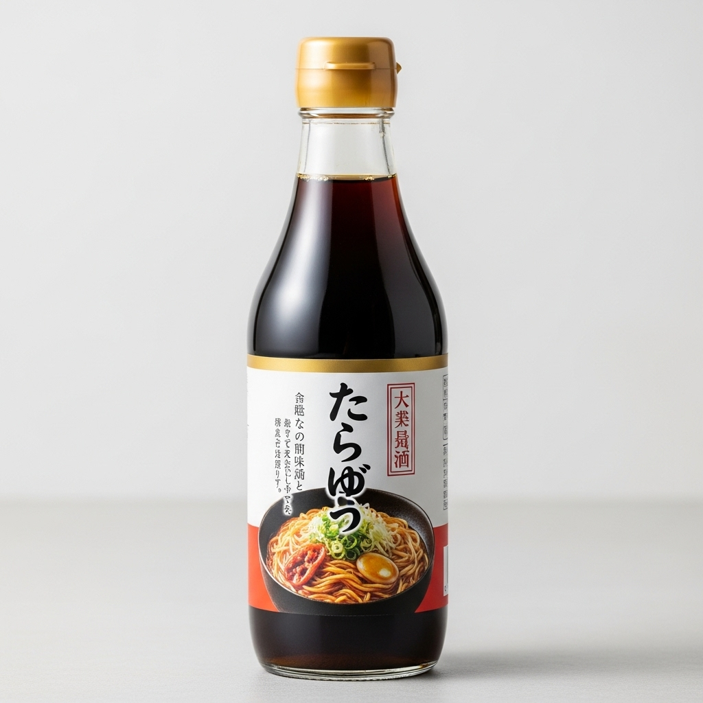 A bottle of Japanese condensed noodle soy sauce, labeled in Japanese, standing upright on a clean surface, highlighting its rich brown color.