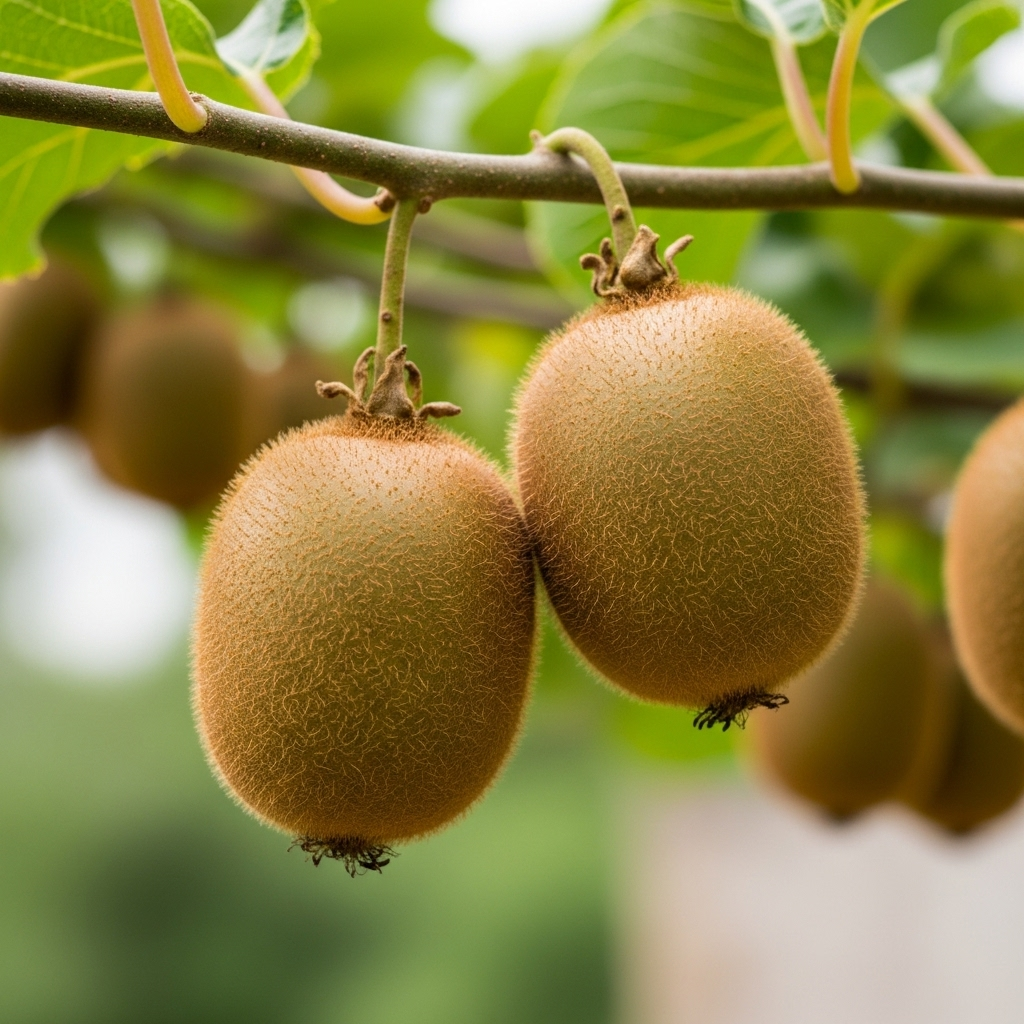 A perfectly ripe organic kiwi, still on its vine, emphasizing its natural origin.