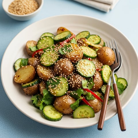 Easy Vegan Smashed Potato & Cucumber Salad with Spicy Sesame Miso Dressing