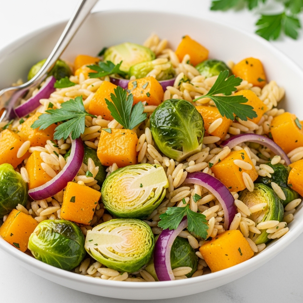 A vibrant roasted butternut squash and orzo salad bowl, featuring golden squash cubes, green Brussels sprouts, red onion, and fresh parsley, ready to be enjoyed.