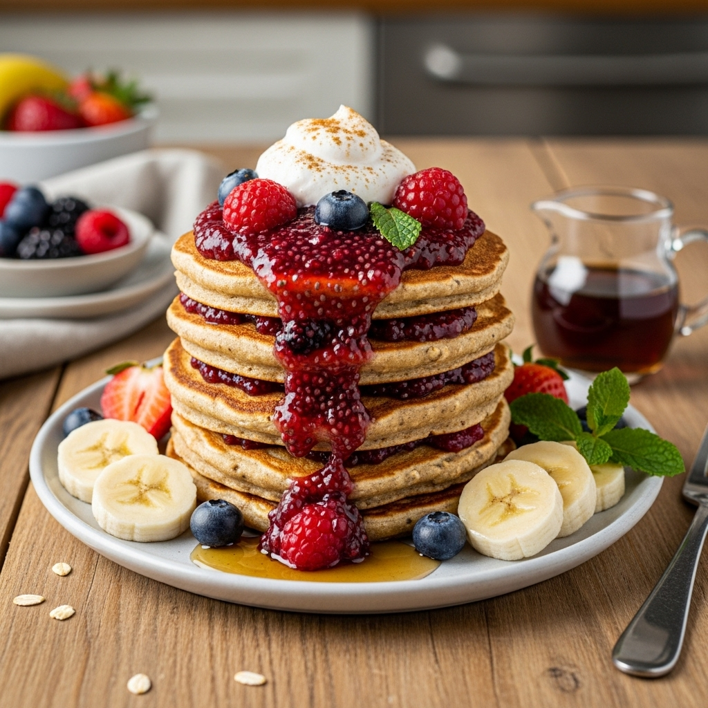 Delicious Vegan Banana Oat Pancakes with Homemade Chia Berry Jam