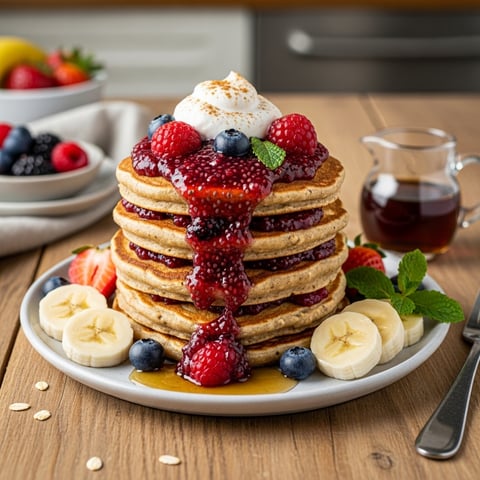 Quick & Easy Vegan Banana Oat Pancakes with Homemade Chia Berry Jam