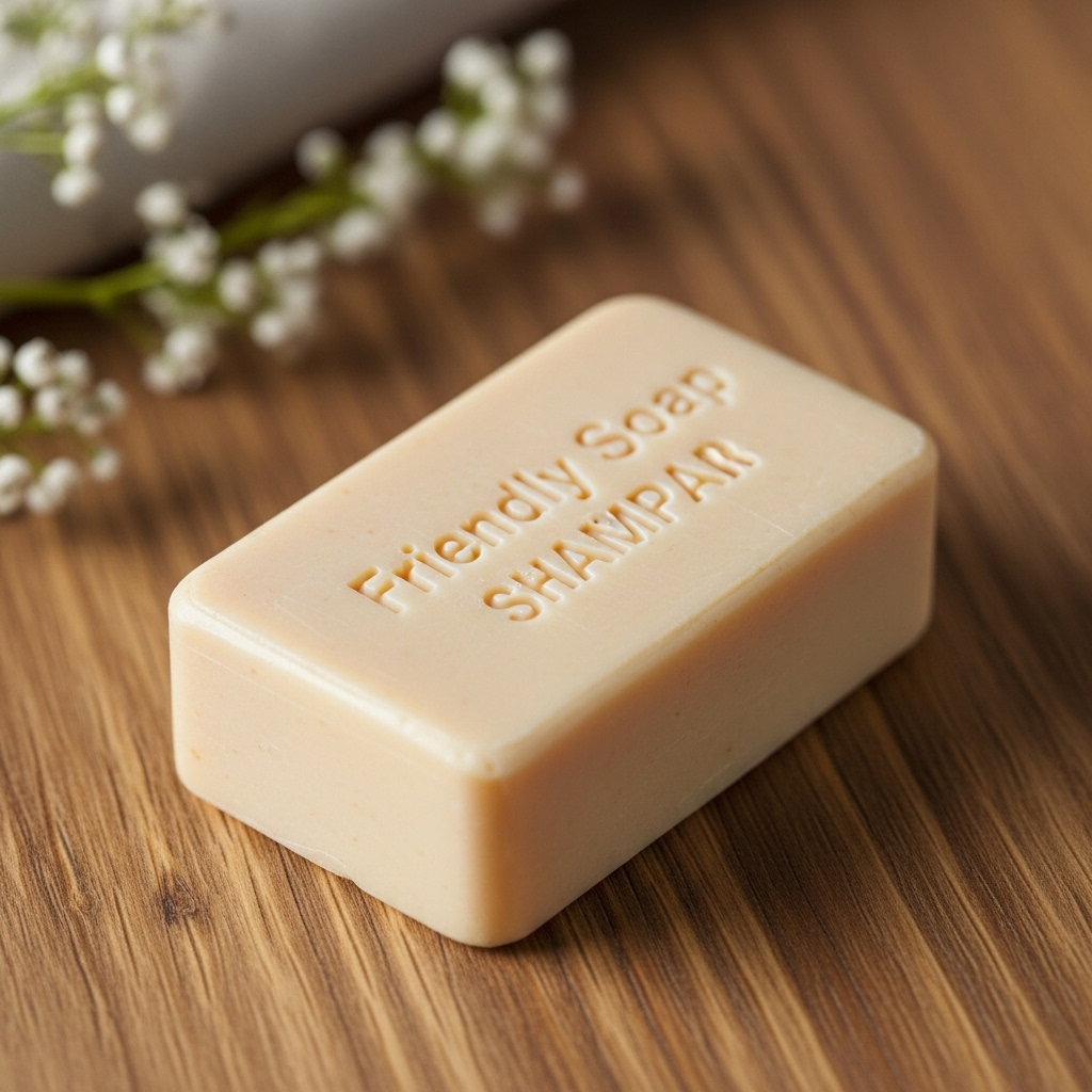 A single Friendly Soap shampoo bar resting on a wooden surface, suggesting a natural and rustic appeal.