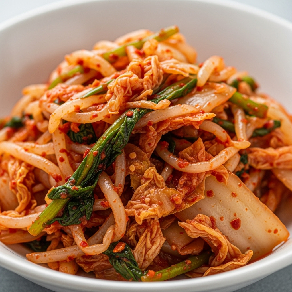 A close-up of fermented vegan kimchi, showing its vibrant color and texture.