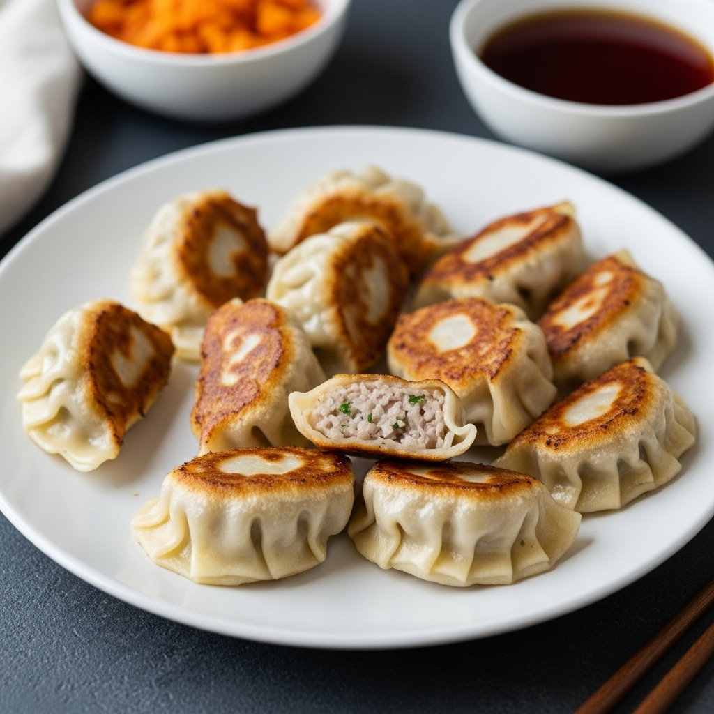 Deliciously pan-fried vegan Omnimeat dumplings, golden brown and ready to eat.
