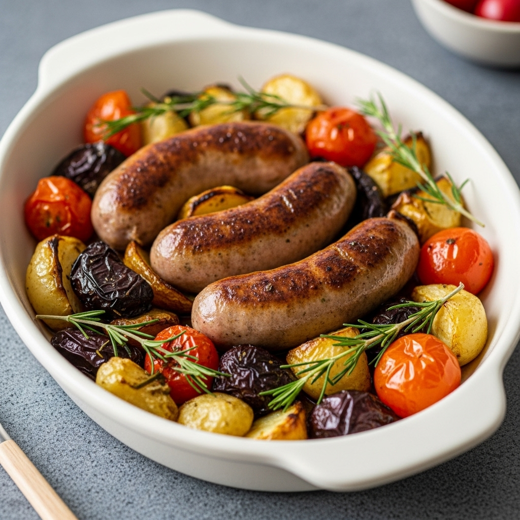 Vegan sausages roasting with vegetables