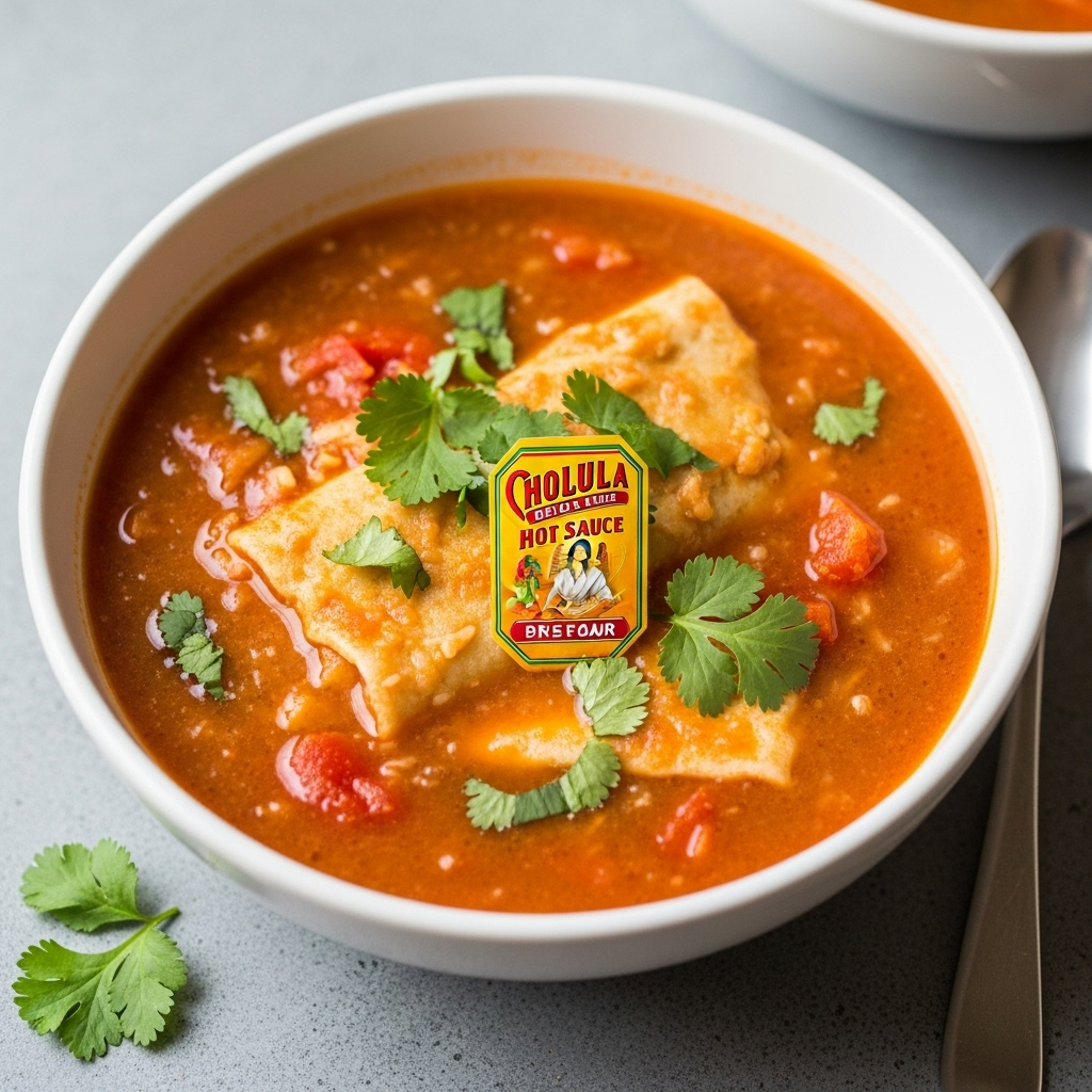 Cheezy Vegan Enchilada Soup topped with Cholula Hot Sauce and fresh cilantro