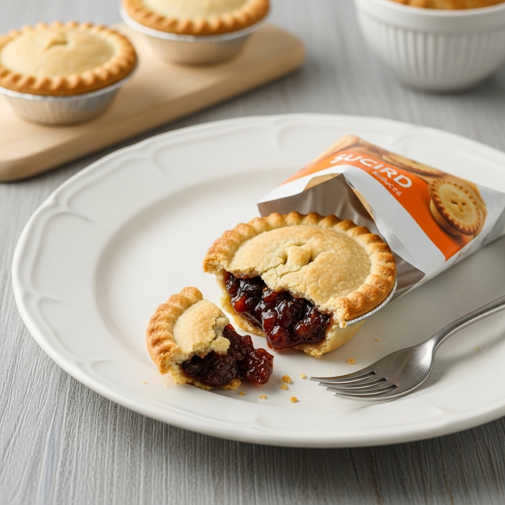 A mince pie, possibly with its packaging slightly open, emphasizing its supermarket origin and the concept of finding reduced items.