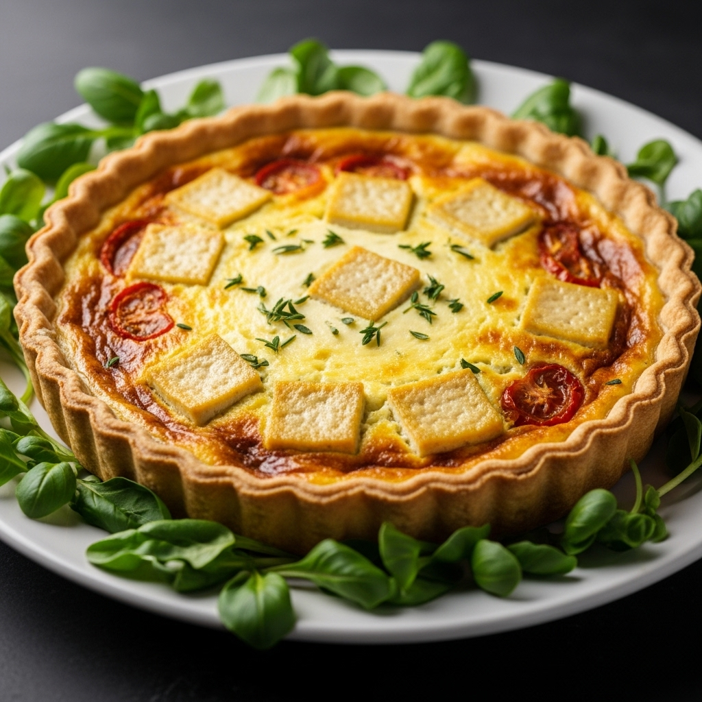 Deliciously golden vegan tofu quiche with a crispy crust, surrounded by fresh herbs.