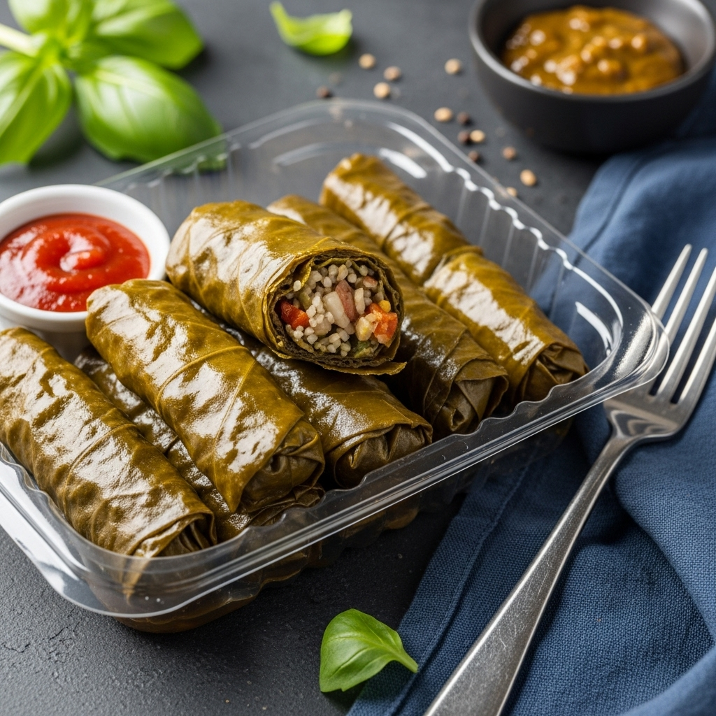 Store-bought vegan dolmades in their packaging, ready to be served.