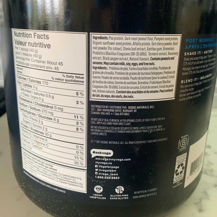 photo of Plant-Based Vega Sport Peanut Butter Flavoured Protein shared by @veganvanman on  04 May 2024 - review
