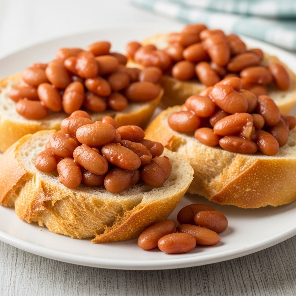 A close-up shot of vegan baked beans generously piled onto slices of crispy French loaf, ready to be enjoyed.